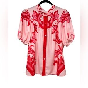 YozY Pink & Red Boho Puff Sleeve Button Front Top Size 6 / M